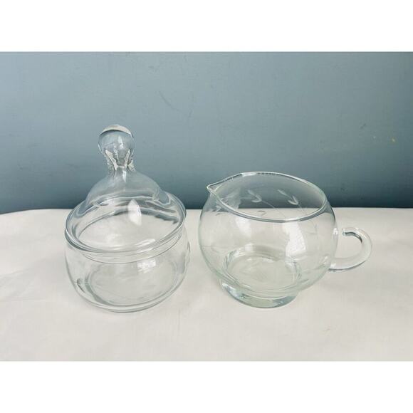 Princess House Heritage Creamer & Sugar Set Lid Vintage Etched Glass Floral - Picture 6 of 8